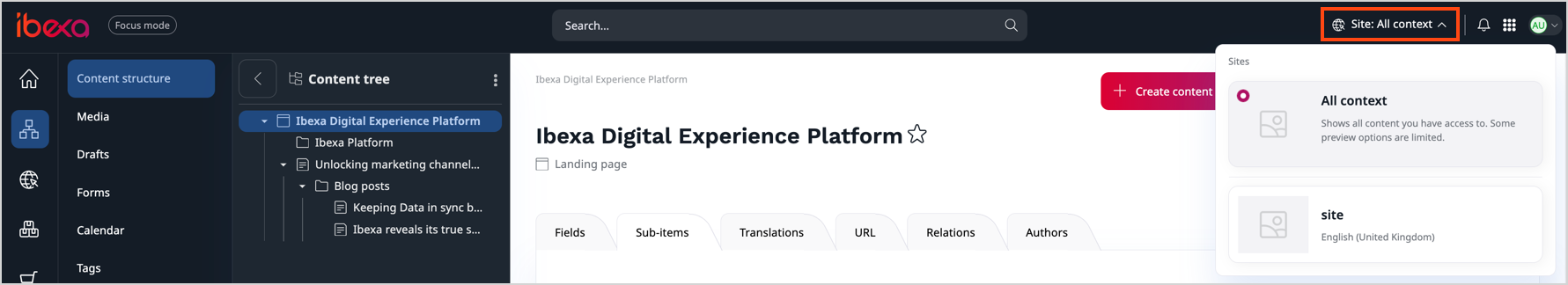Top bar with site context selector Top bar with site context selector